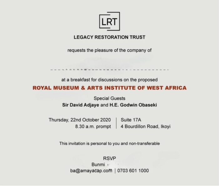 A fundraising card from 2020 from LRT inviting people to discuss the proposed Royal Museum, with Adjaye and Obaseki as guests.